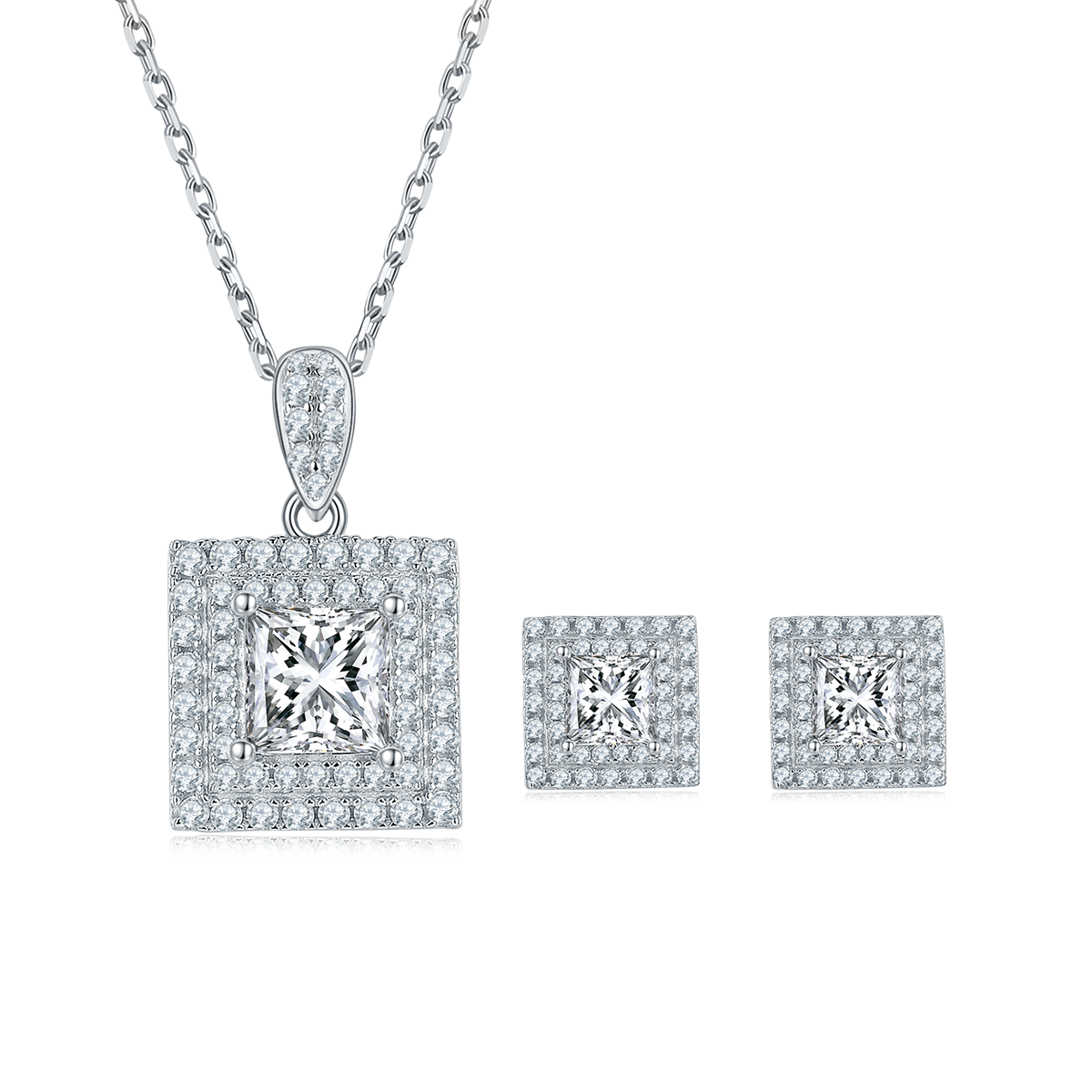 Exquisite Square S925 Silver Plated Platinum Moissanite Diamond Pendant Earnail Set